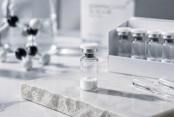 Peptide vial in a laboratory setting representing peptide quality testing and quality control