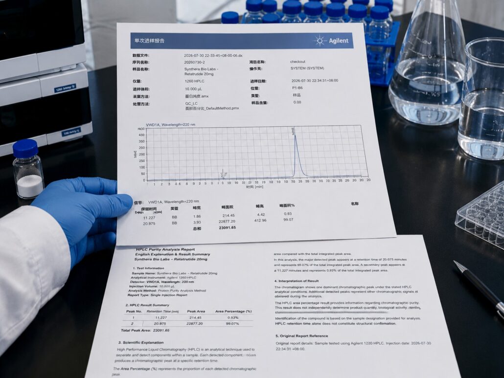 Retatrutide HPLC analysis report showing peptide quality testing and laboratory purity analysis by Synthera Biolabs