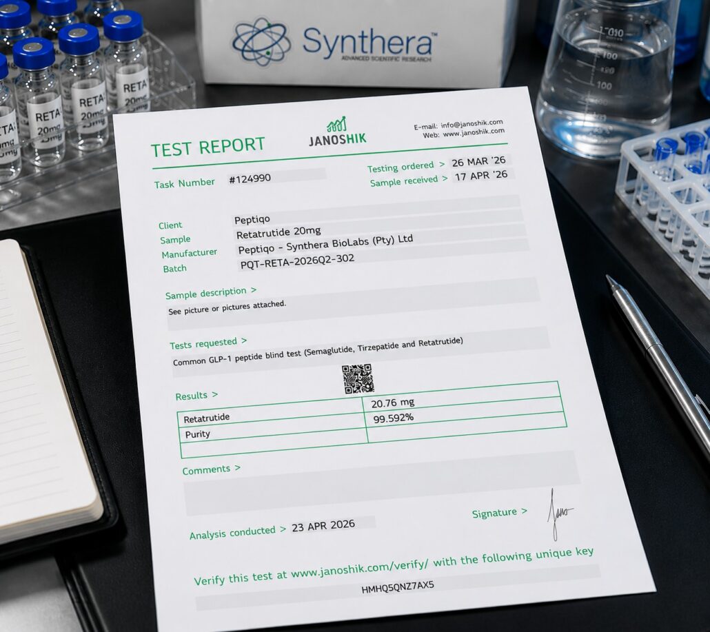 Retatrutide third-party testing report showing peptide purity analysis and quality verification by Synthera Biolabs